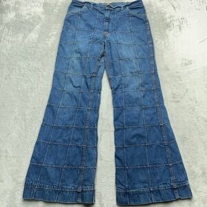 Vintage Red Snap Flare Leg Jeans Women 32x32 Blue Denim Patchwork Bell Bottoms